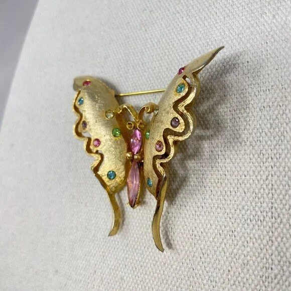 Pell Uranium Glass Butterfly Brooch Vintage Signed Gold-Tone Pink Body